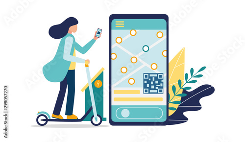 Mobile application for renting electric scooters. A young woman rides a kick scooter. On the smartphone screen map of the navigation of free vehicles. Charging and payment station. Vector illustration