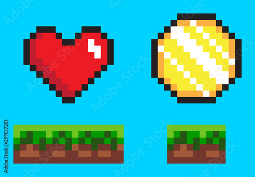 Pixel game elements, coin and heart in color. Flat style of 8bit graphics icons, animation videogames money and life symbol, wealth point sign. Pixel-art vector, pixelated 8 bit game objects
