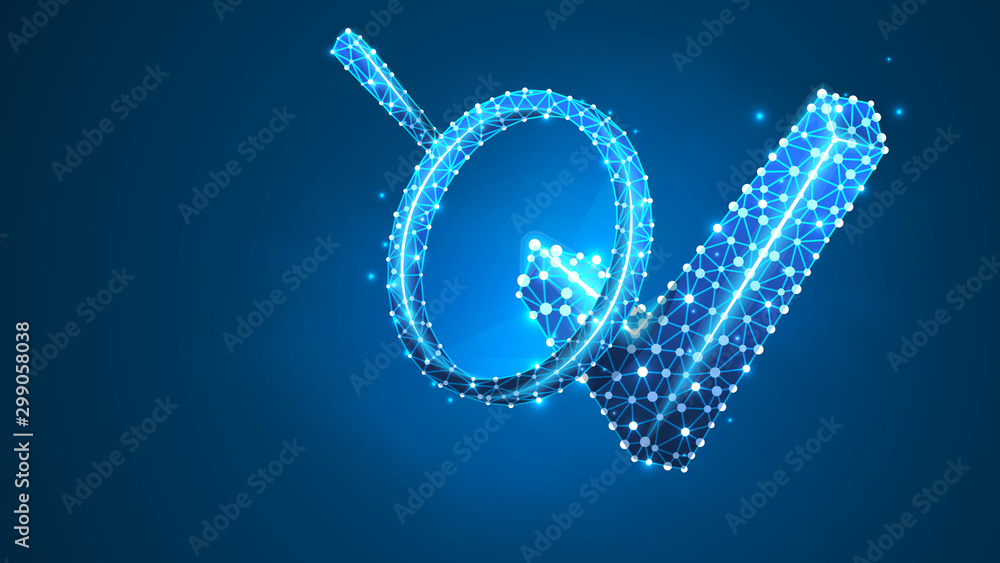 Magnifying glass on a checkmark. Analytics of a choice, success research, vote analytics. Abstract, digital, wireframe, low poly mesh, vector blue neon 3d illustration. Line, dot