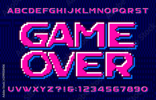 Game Over alphabet font. Eighties style pixel letters, numbers and symbols. Pixel background. 80s arcade video game typescript.
