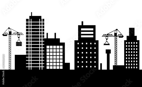 Construction of new buildings vector, megapolis expanding cranes with materials for new estates silhouette of cityscape. Skyline of small town flat style