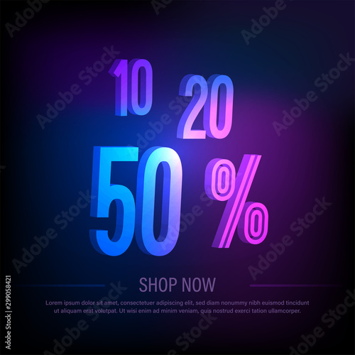 10, 20, 50 Percent sale background with neon glowing numbers. Text design for sale banner. Special offer poster. Layout for promo campaign. Vector concept template.