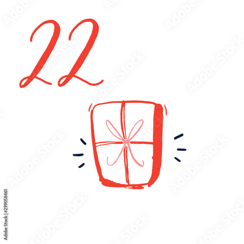 Advent calendar, day 22. Cute hand drawn illustration, large handwritten number on white background. Christmas card design. Wrapped with bow gift, present symbol