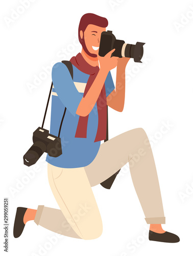 Photo correspondent with camera isolated, profile view. Man paparazzi standing on one knee and making professional shoots on photo camera. Vector illustration in flat cartoon style