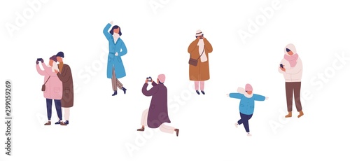 Photographing people in warm clothes flat vector illustrations set. Male and female faceless characters taking photos. Selfie posing. Winter season outdoor activity. Family rest, friendly walk.