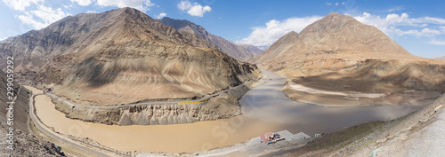 Panorama confluence of the Indus and Zanskar Rivers , brown water in summer, is located in Ladakh, India