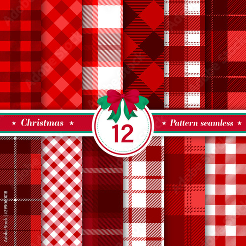 Tartan Check Plaid seamless patterns. Lumberjack red and white Buffalo plaid. Rustic Christmas Backgrounds. Pack of 12 red tartan patterns. Repeating pattern tile swatches.