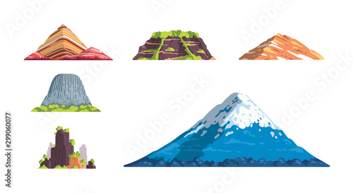 Different mountains landscape isolated vector illustration in cartoon style. Nature mountain silhouette elements se. Travel or hiking mountainous.