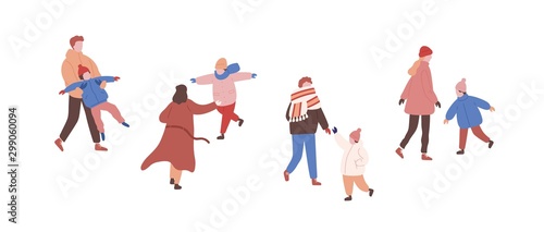 Walking families in warm clothes flat vector illustrations set. Playing children and parents faceless characters. Winter season outside activity. Family entertainment. Outdoor rest  stroll with child.