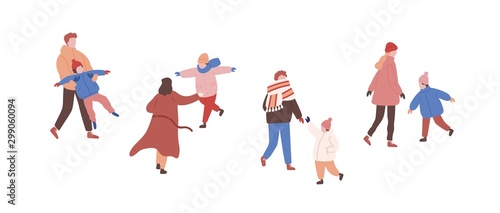 Walking families in warm clothes flat vector illustrations set. Playing children and parents faceless characters. Winter season outside activity. Family entertainment. Outdoor rest, stroll with child.