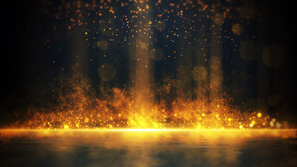 Abstract stylish light effect on a black background. Gold glowing neon line. Golden luminous dust and glares. Flash Light. luminous trail