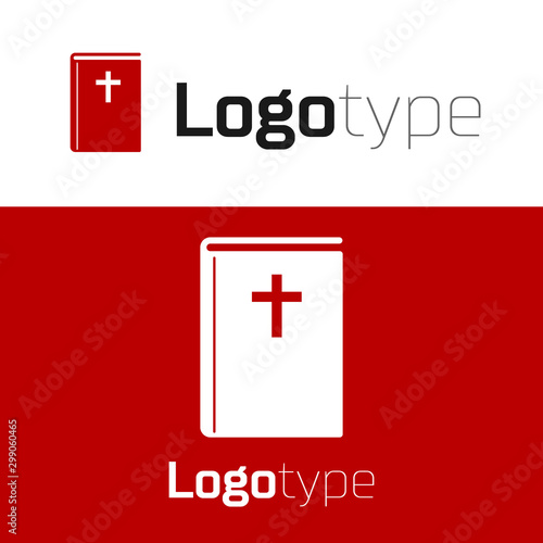 Red Holy bible book icon isolated on white background. Logo design template element. Vector Illustration