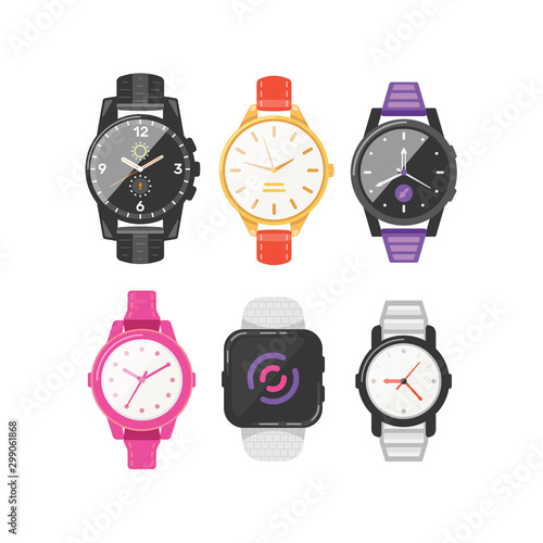 Classic men's and women's watches set of vector icons. Watch for businessman, smartwatch and fashion clocks collection.