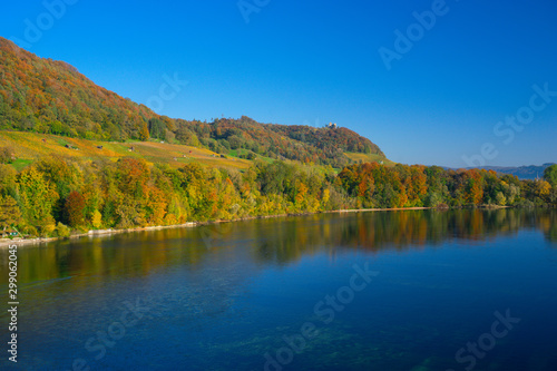 The river Rhine, only a few hundred meters young, after leaving Lake Constance. Autumn. Near the Swiss town Stein am Rhein. View from the car bridge to the west, the road leads to the Rhine Falls. © Kai