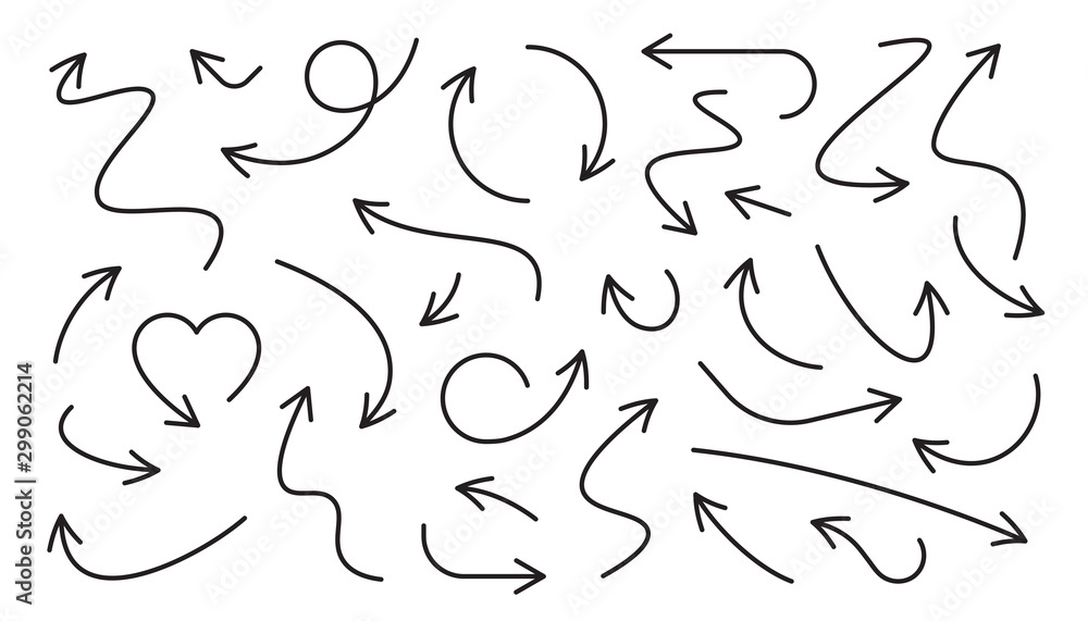 Arrows line icons set. Curly, straight and twisted shapes. Different arrows collection. Design direction elements. Navigation arrowheads. Hand drawn icons. Isolated on white background. Vector Arrows line icons set. Curly, straight and twisted shapes. Different arrows collection. Design direction elements. Navigation arrowheads. Hand drawn icons. Isolated on white background. Vector