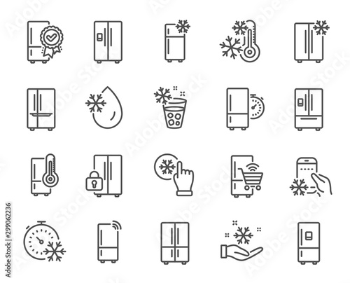 Fridge line icons. Refrigerator, freezer storage, smart fridge machine. Water with ice, cooler box, thermometer icons. Wi-fi remote access, thermostat timer, smart freezer. Vector