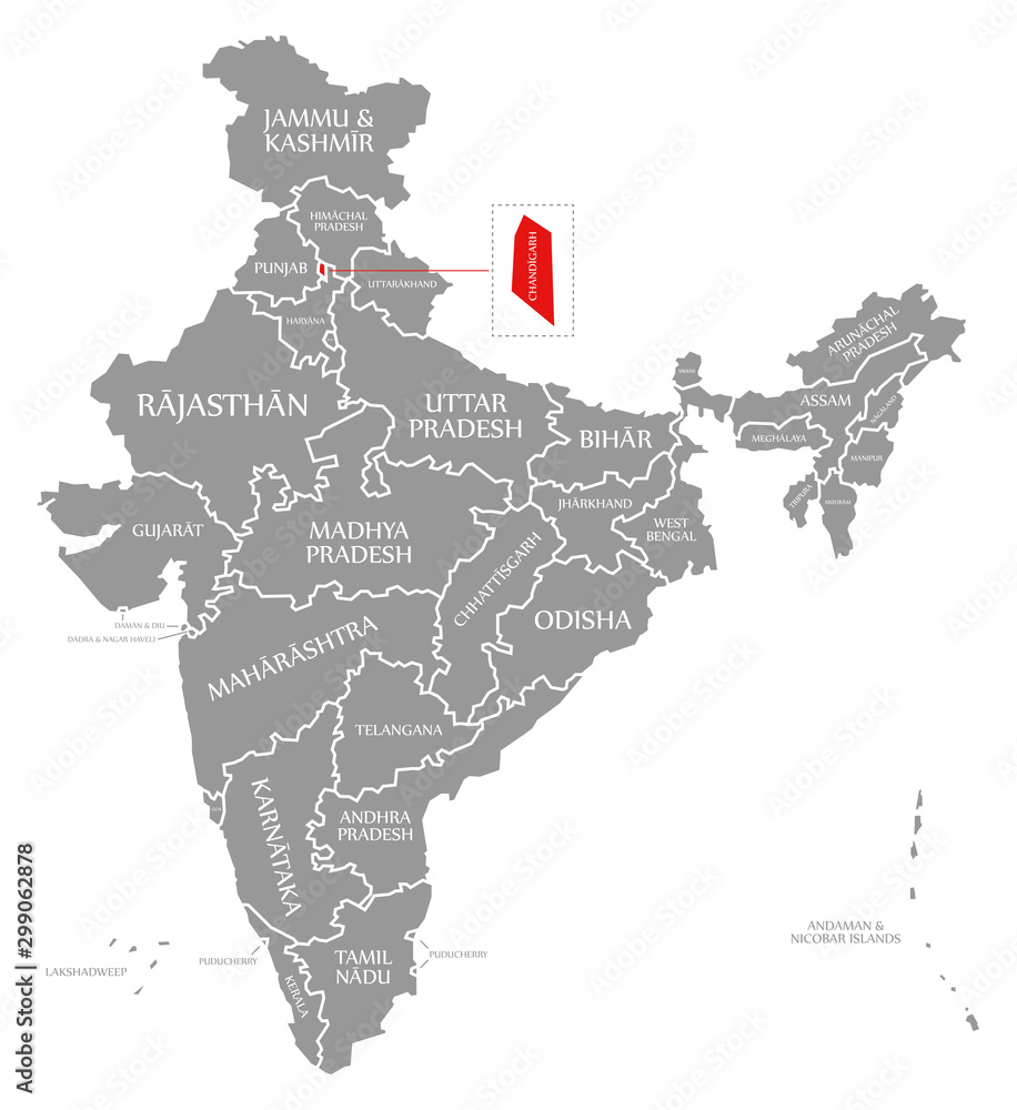 Fototapeta premium Chandigarh red highlighted in map of India