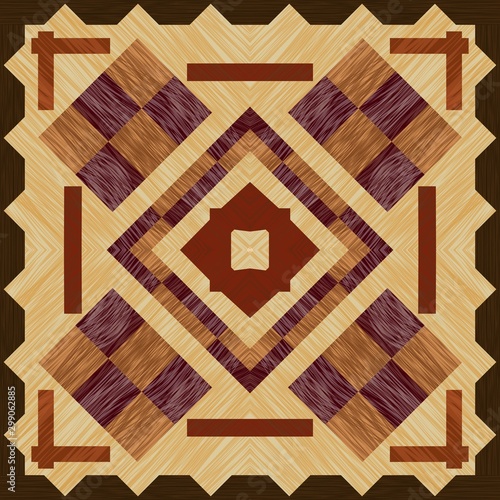Wooden art decoration template.. Wooden inlay, light and dark wood patterns. Veneer textured geometric ornament.