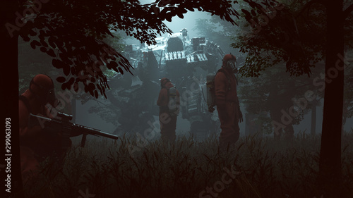 Men in Hazmat Suits with Futuristic AI Battle Droid Cyborg Mech with Glowing Lens Standing in a Wooded Clearing with a Beam of Light 3d illustration 3d render 