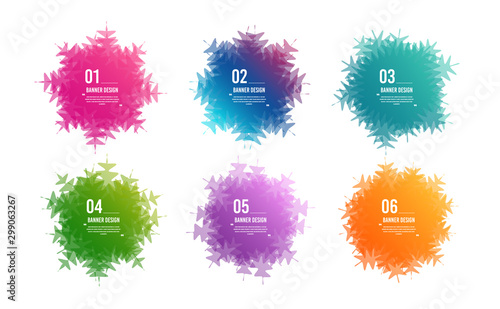 Infographics snowflake steps. Colorful 6 options banners. Overlay colors shape art design. Abstract snowflake style spots. Graphic tag element for advertisements. Business infographics. Vector