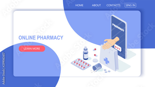 Online phone and pills, capsules blisters, glass bottles, plastic tubes. The concept of an online pharmacy. The doctor's hand gives the tablets through the smartphone screen.