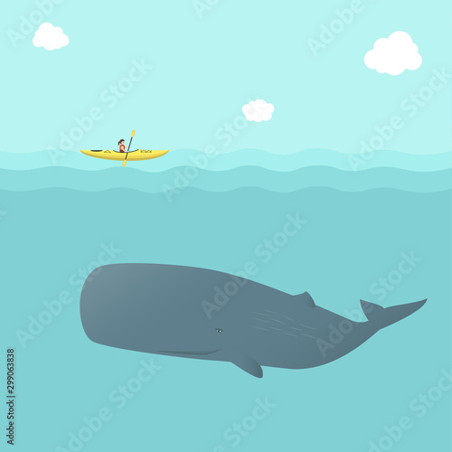 Whale and Kayak isolated on Blue sea background. Kayaking with Sperm Whale (Physeter macrocephalus). Submarine and Boats vector illustration.