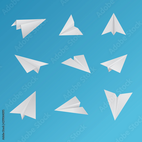 Modern vector illustration  of paper plane. Origami aircraft. Business set for mail and message. Colourful and white