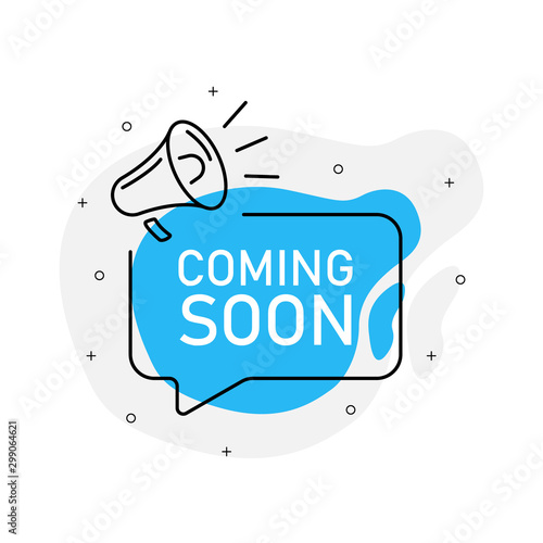 Coming soon of marketing design badge with loudspeaker blue color. Vector illustration on white background. photo