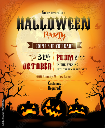 Halloween party invitation with scary pumpkins