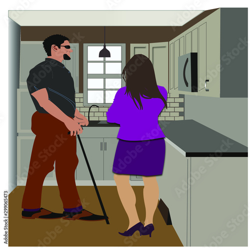 blind man with his wife in kitchen