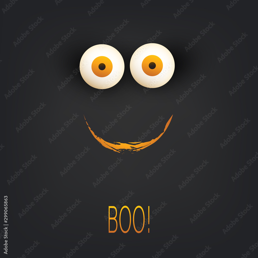 Happy Halloween Card Template - Creepy Face with Pop Out Eyes and Strange Smile in the Dark - Vector Illustration