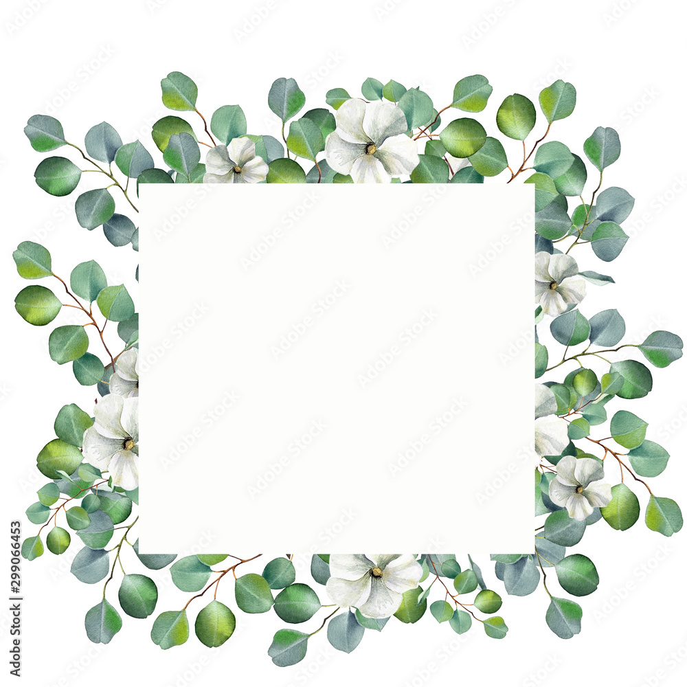 Watercolor floral illustration with eucalyptus green leaves and jasmine flowers on white background. Hand painted frame for wedding invitation, save the date or greeting design.