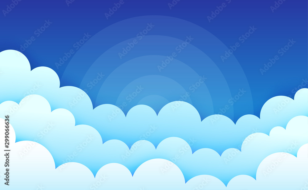 Cartoon clouds on blue sky. Cumulus fluffy clouds. Cloudscape in blue sky. Abstract sunburst rays. Atmospheric background. Puffy cloudy weather. Vector Cartoon clouds on blue sky. Cumulus fluffy clouds. Cloudscape in blue sky. Abstract sunburst rays. Atmospheric background. Puffy cloudy weather. Vector