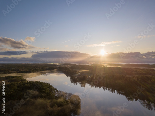 Aerial view of a sunrise over a river in Finland