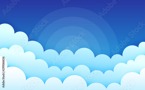 Cartoon clouds on blue sky. Cumulus fluffy clouds. Cloudscape in blue sky. Abstract sunburst rays. Atmospheric background. Puffy cloudy weather. Vector