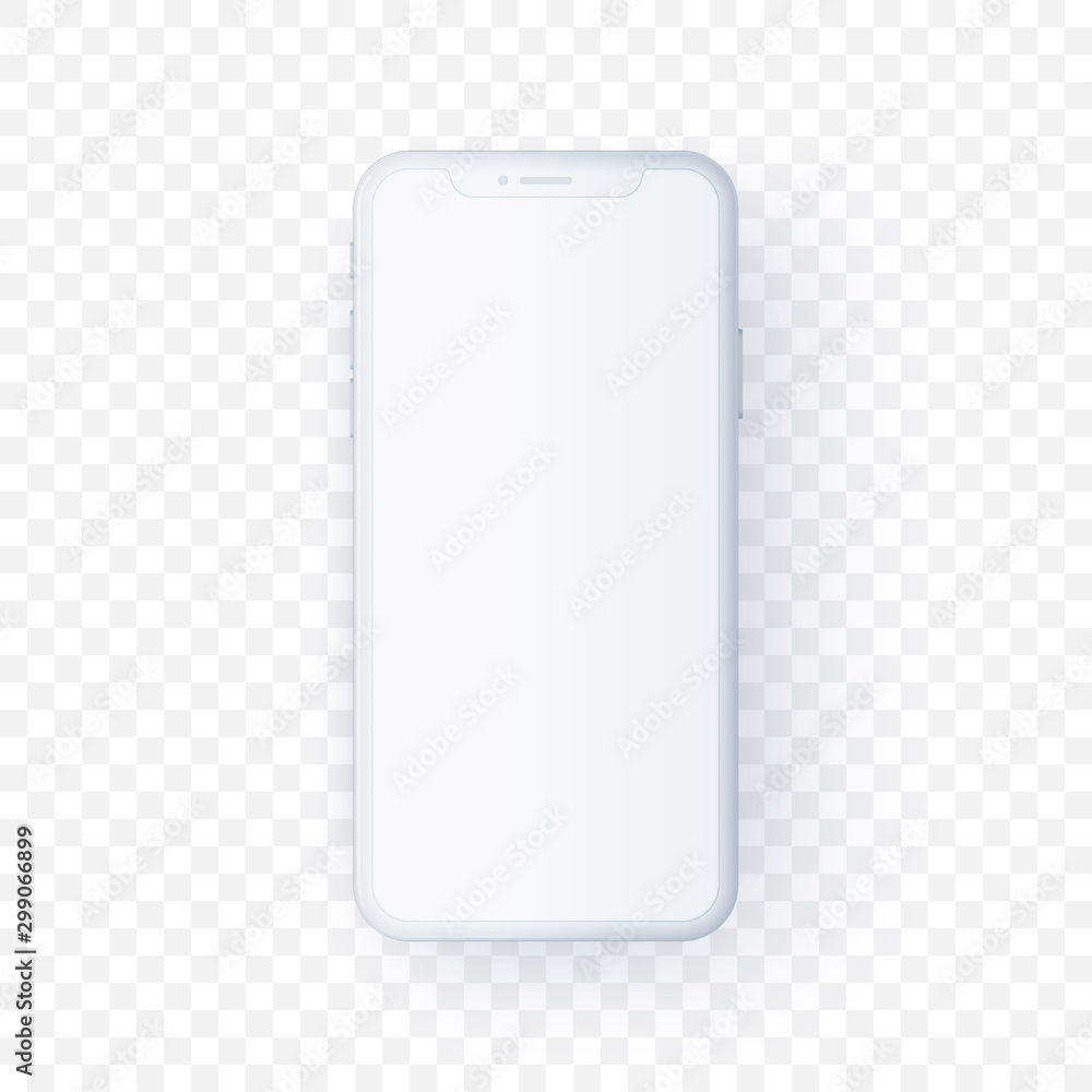 White smartphone mock up in 3d style floating on transparent background.  Mobile cell phone vector illustration of device with blank screen. Front  view of white concept device for app and presentation. Stock