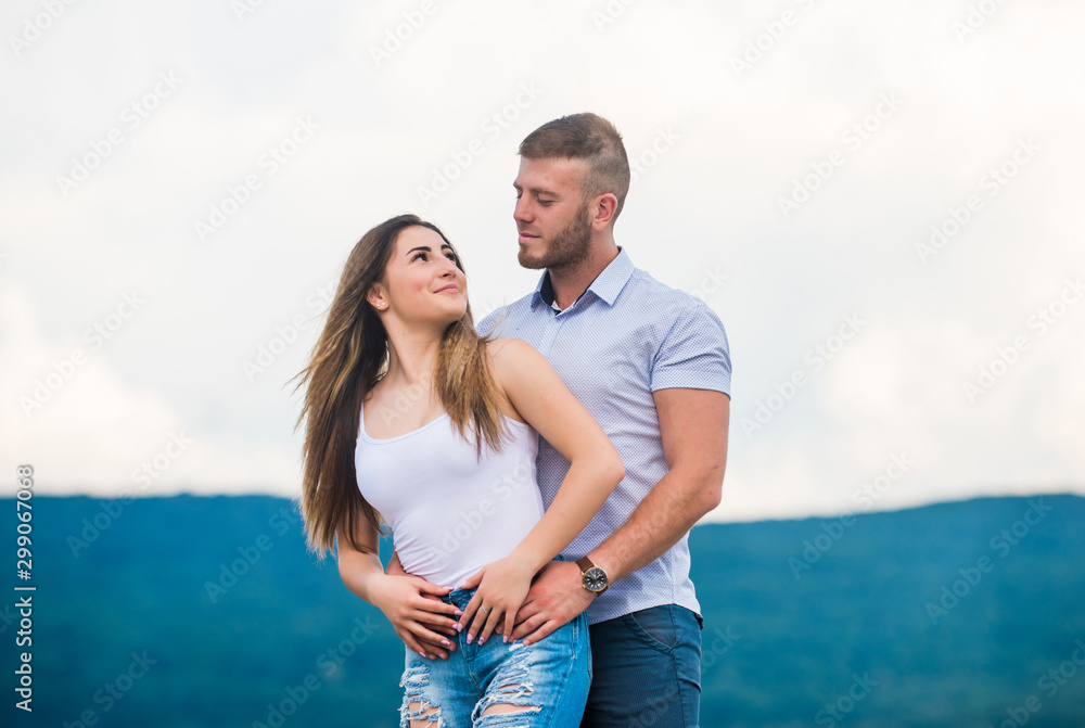 Man and woman cuddle nature background. Family love. Devotion and trust. Together forever we two. Love story. Romantic relations. Cute and sweet relationship. Couple in love. Couple goals concept