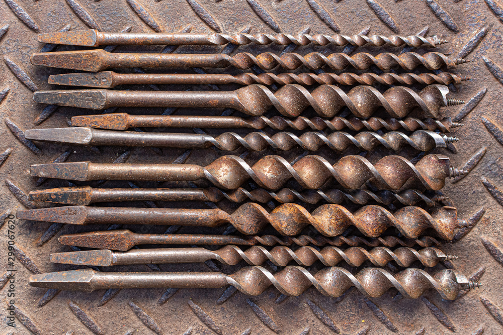 Vintage Brace Drill Bits arranged on 