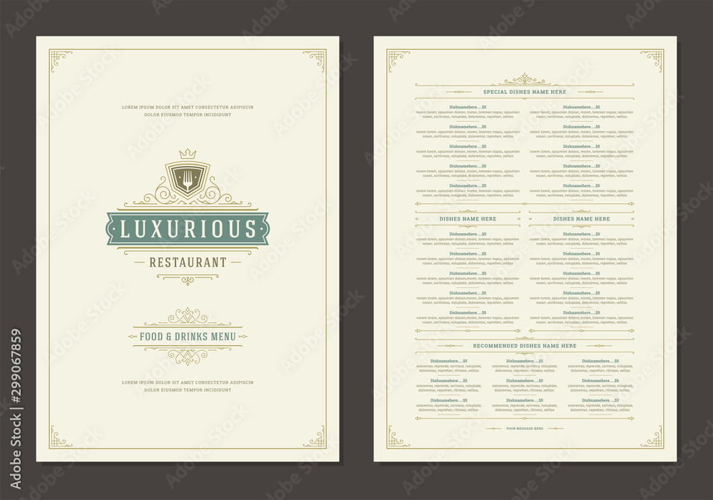Menu design template with cover and restaurant vintage logo vector brochure. - obrazy, fototapety, plakaty 