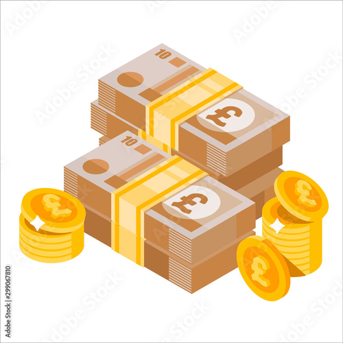 Cartoon heap of pound sterling. Big pile of english money. Money icon in isometric style. Money illustration of wealth and condition.