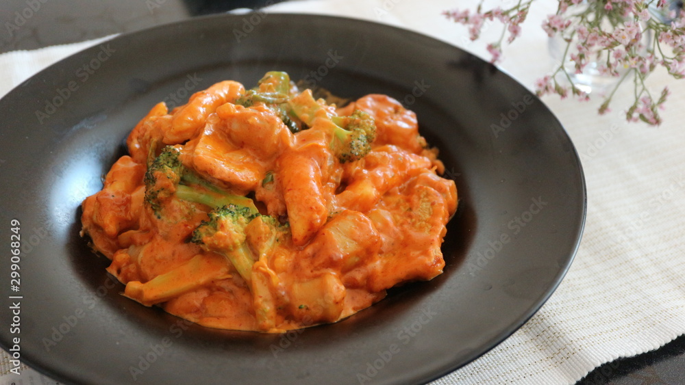 Tteokbokki, rice cake with korean hot sauce, pepper sauce, korean food Tteokbokki, rice cake with korean hot sauce, pepper sauce, korean food