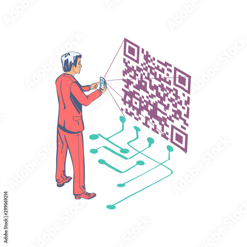 Scanning QR code on mobile phone. Vector illustration isometric sketch design. Isolated on background. Modern digital technology. Scanning quick code.