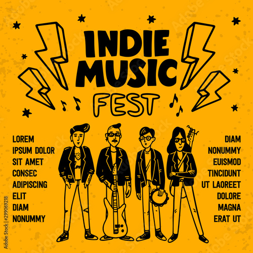 Indie music festival poster or flyer template. Illustration of musicians and and indie rock fest inscription on yellow background. Template for banner, card, poster. Vector.