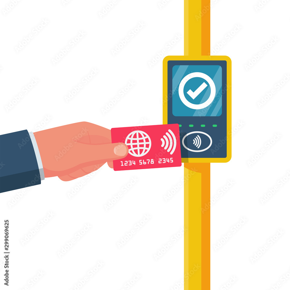 Cashless ticketing. Public transport. Online payment system in public transport bus, metro, tram, trolley. Plastic card in the hand. Vector illustration flat design. Isolated on white background. Cashless ticketing. Public transport. Online payment system in public transport bus, metro, tram, trolley. Plastic card in the hand. Vector illustration flat design. Isolated on white background.