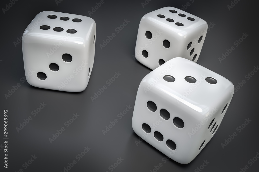 Set of white dice with black dots isolated on black background Set of white dice with black dots isolated on black background