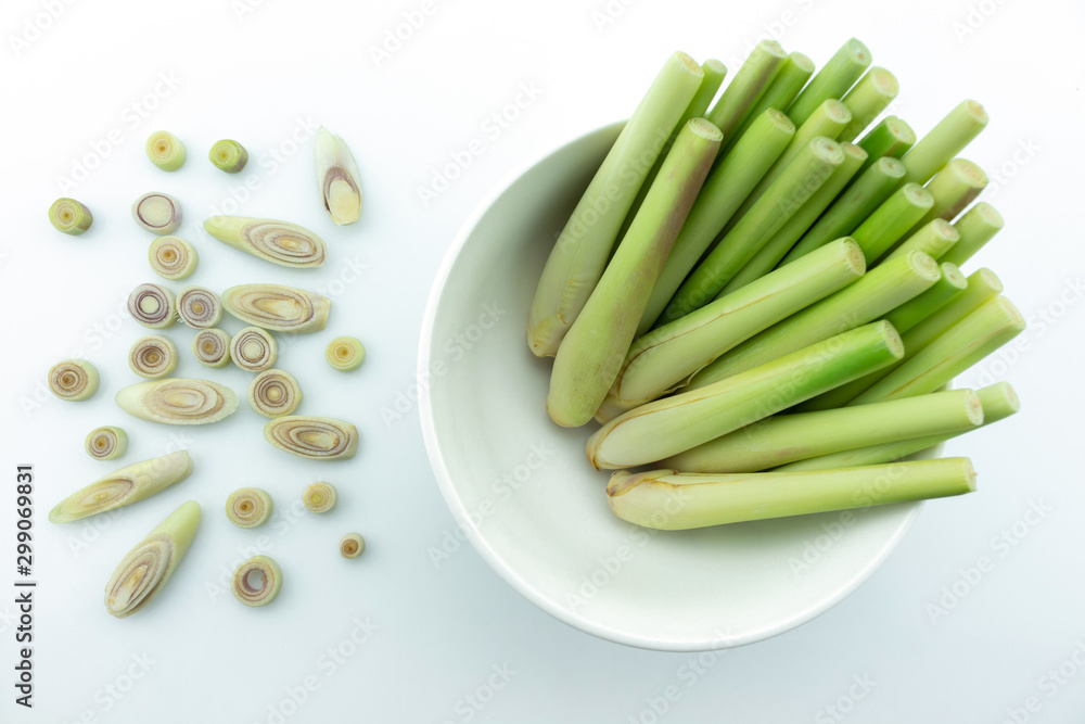 slice lemon grass in bowl on white background. slice lemon grass in bowl on white background.