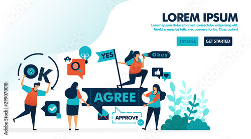 Approve and allow content. Verify and confirm to agree. Yes and okay flag. Agree to in agreement. Flat vector illustration for landing page, web, website, banner, mobile apps, flyer, poster, ui ux