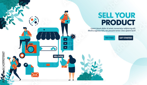 Marketplace platform for selling with smartphone. Create shop or business with a mobile system. Online internet promotion. Flat vector illustration for landing page, web, website, banner, mobile apps