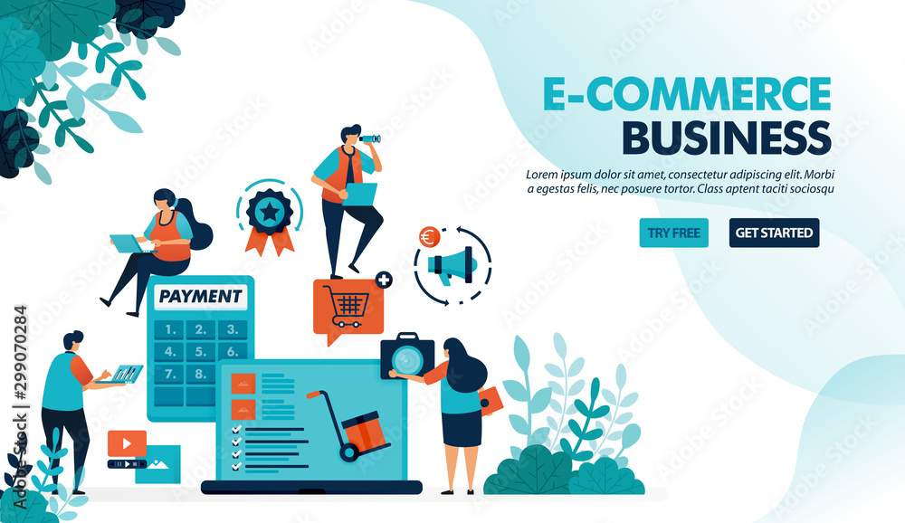 Ecosystem in e-commerce business. Starting choosing product, payment & shipping method. Calculator for bagets. Flat vector illustration for landing page, website, banner, mobile apps, flyer, poster