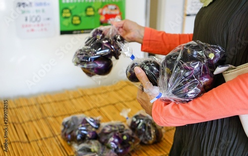 道の駅、直売所で茄子を買う中高年女性 photo